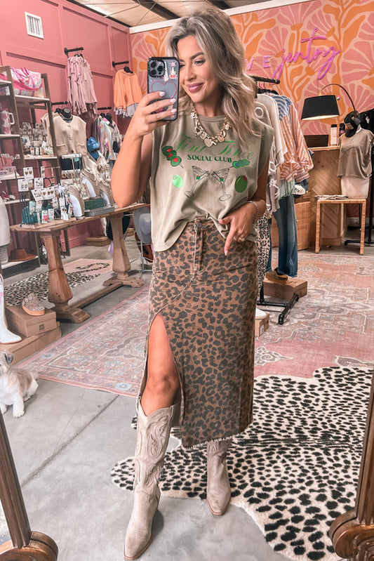 Brown Leopard Frayed Split Denim Midi Skirt