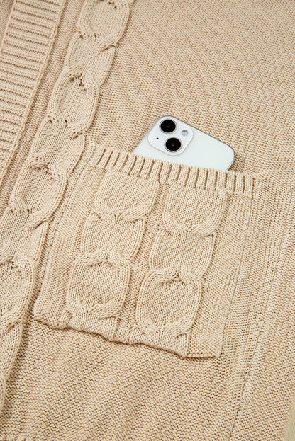 Parchment Cable Knit Braided Tie Sleeve Plus Size Knit Cardigan