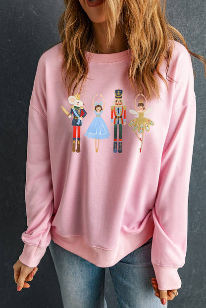 Pink Christmas Nutcracker Fairy Printed Pullover Sweatshirt