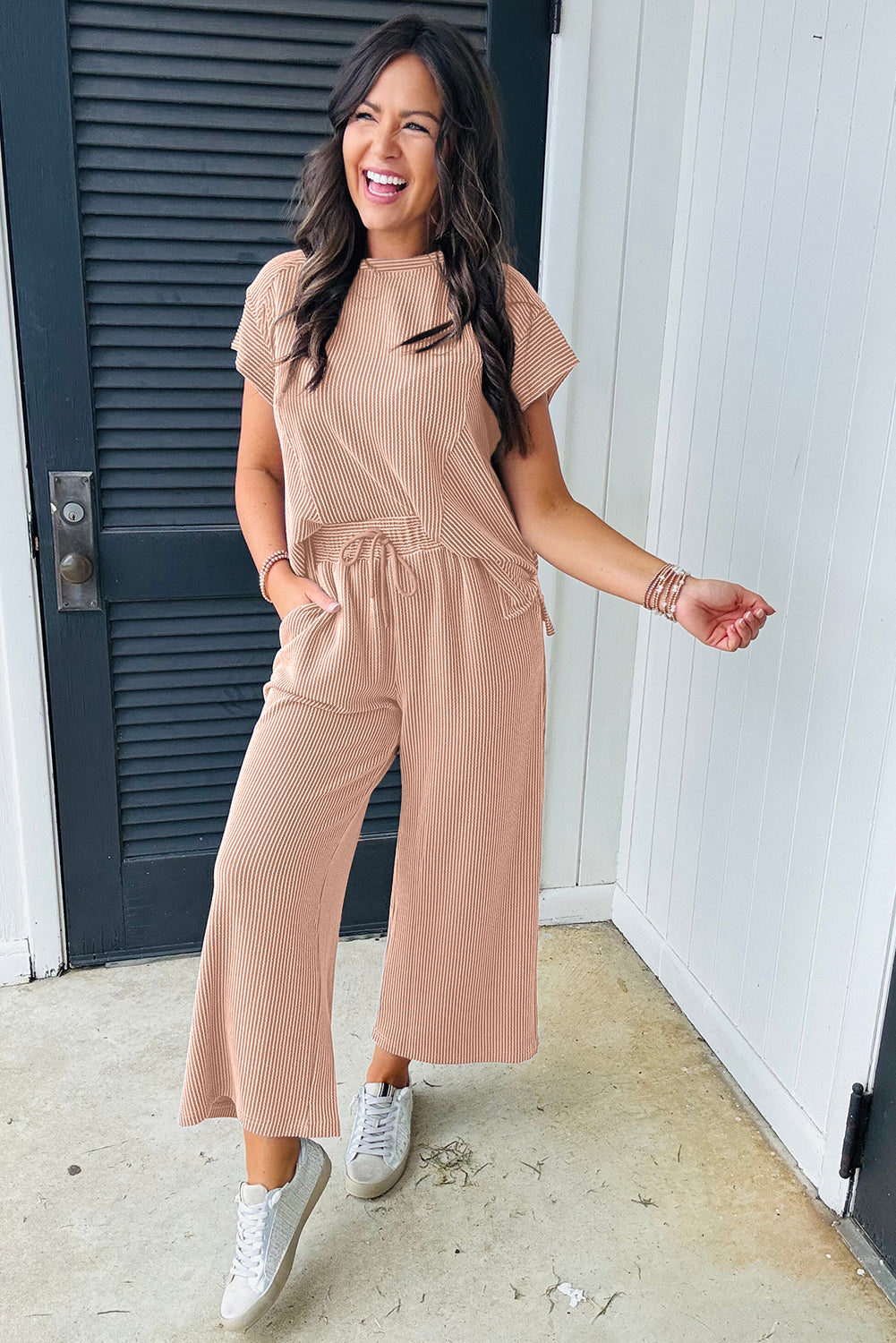 Solid Corded Short Sleeve T Shirt And Wide Leg Pants Set