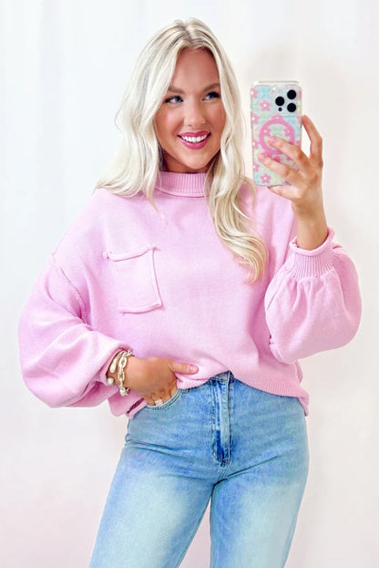 Pink Solid Color Pocket  Bishop Sleeve Knit Sweater