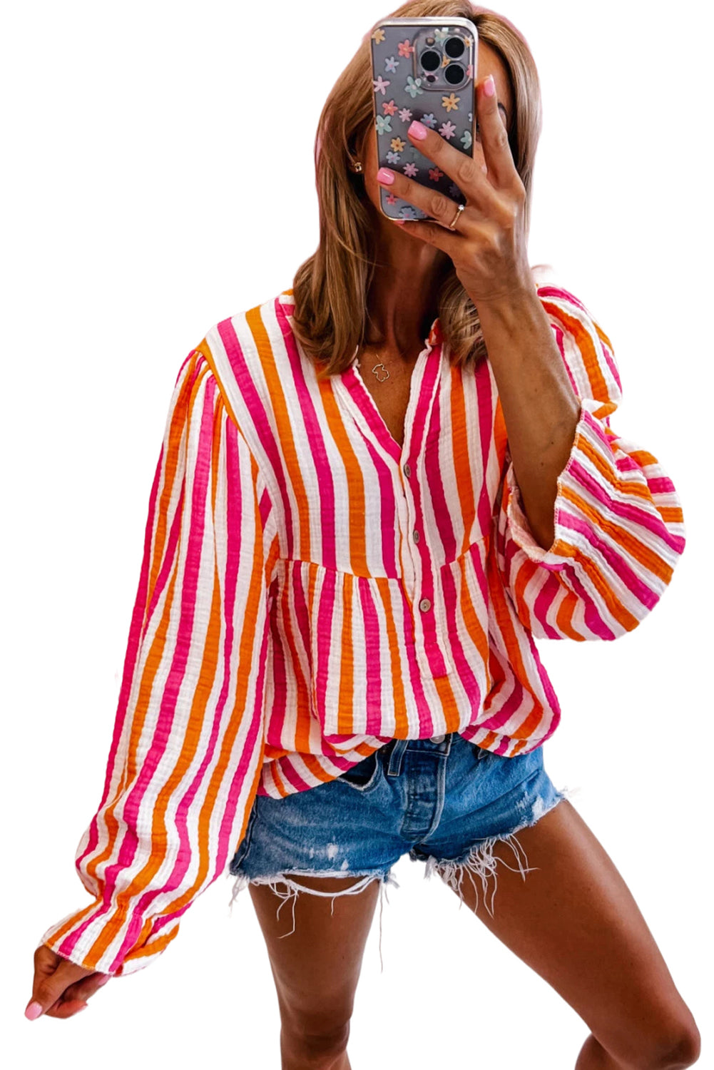 Orange Stripe Balloon Sleeve Notched V Neck Blouse