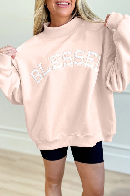 Bright Pink Oversize Blessed Embroidered Mock Neck Sweatshirt