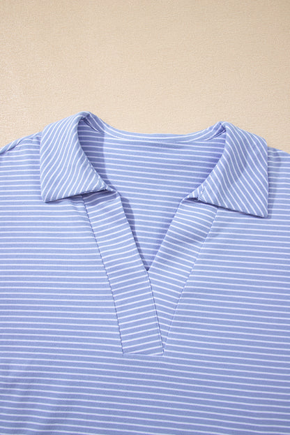 Purple Stripe Dolman Sleeve Polo Shirt and Drawstring Shorts Set