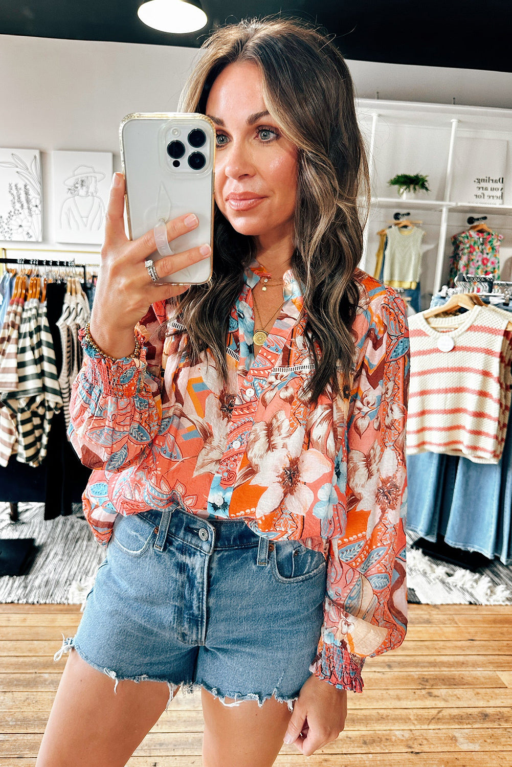 Orange Floral Print Shirred Cuff Buttoned Loose Fit Shirt