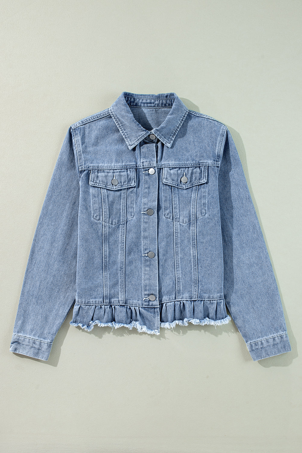 Navy Blue Ruffle Raw Hem Flap Pockets Denim Jacket