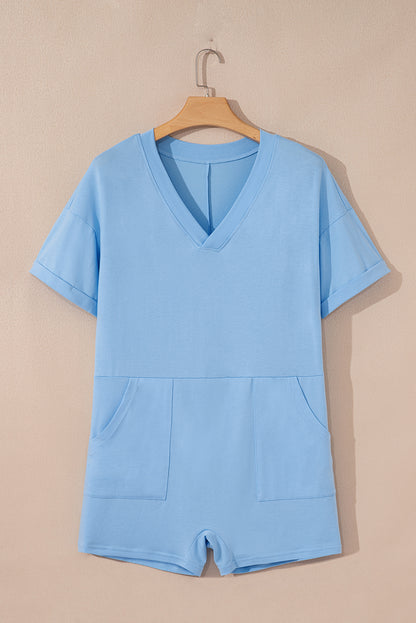 Myosotis Loose Half Sleeve V Neck Plain Romper