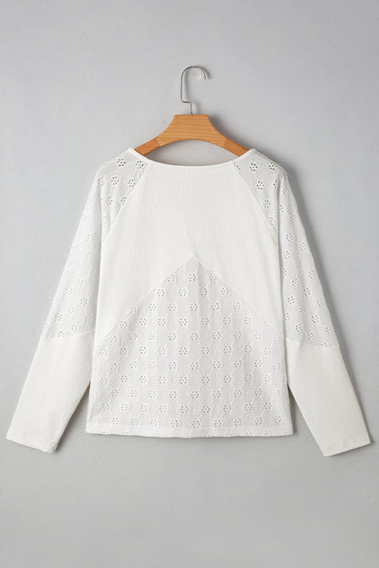 White Twisted Rib Patchwork Floral Embroidered Loose Long Sleeve Top
