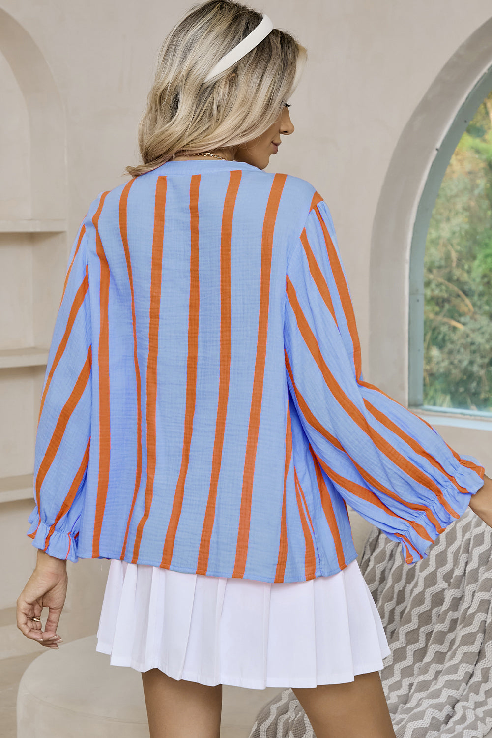 Orange Stripe Crinkle Ruffle Sleeve Loose Top