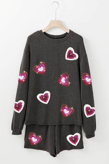 Carbon Grey Valentine Sequin Heart Corded Pullover and Shorts Set