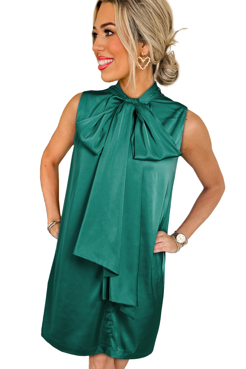 Evergreen Bow Tie Satin Sleeveless Mini Dress