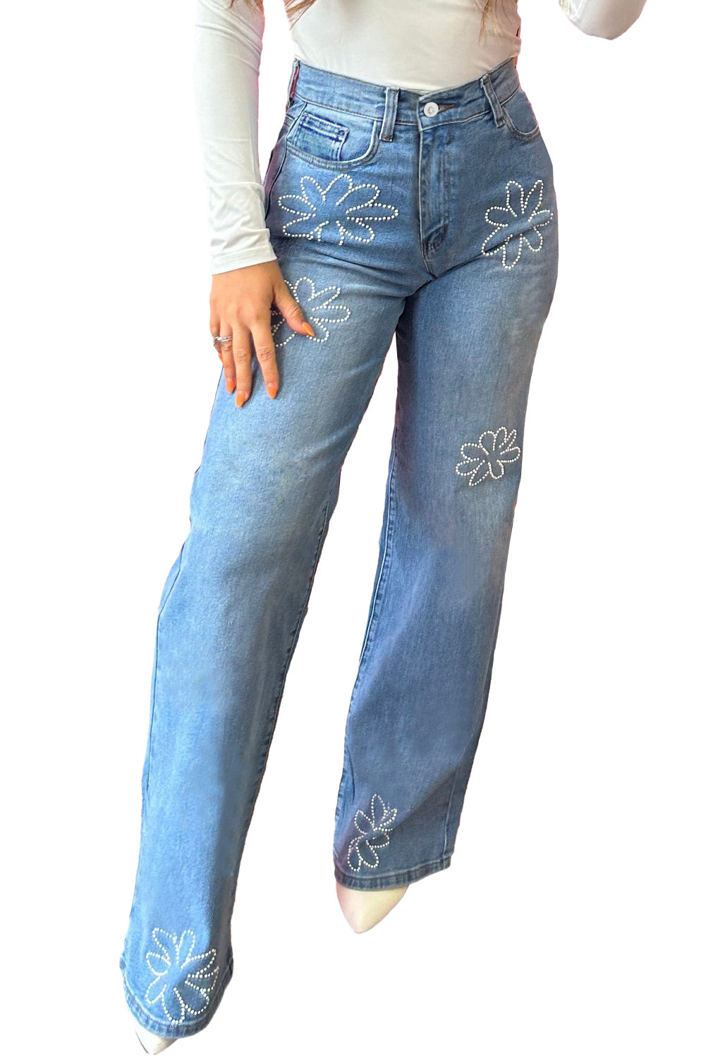 Light Blue Floral Beads Decor High Rise Wide Leg Jeans