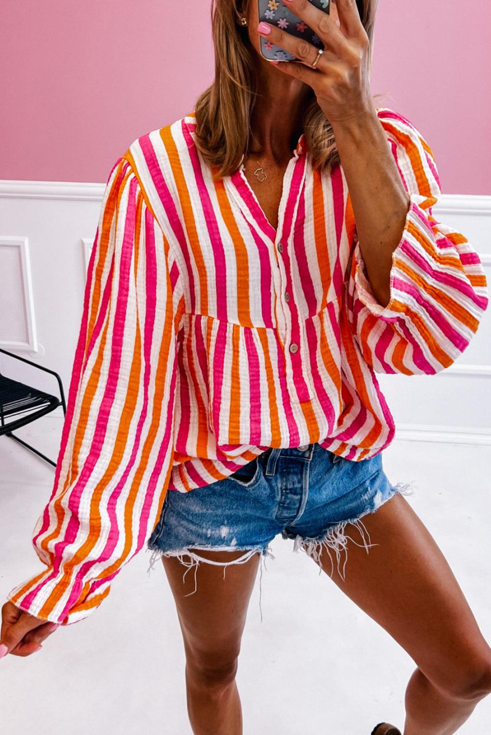 Orange Stripe Balloon Sleeve Notched V Neck Blouse