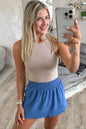 Sky Blue Solid Color Elastic Waist Casual Skort