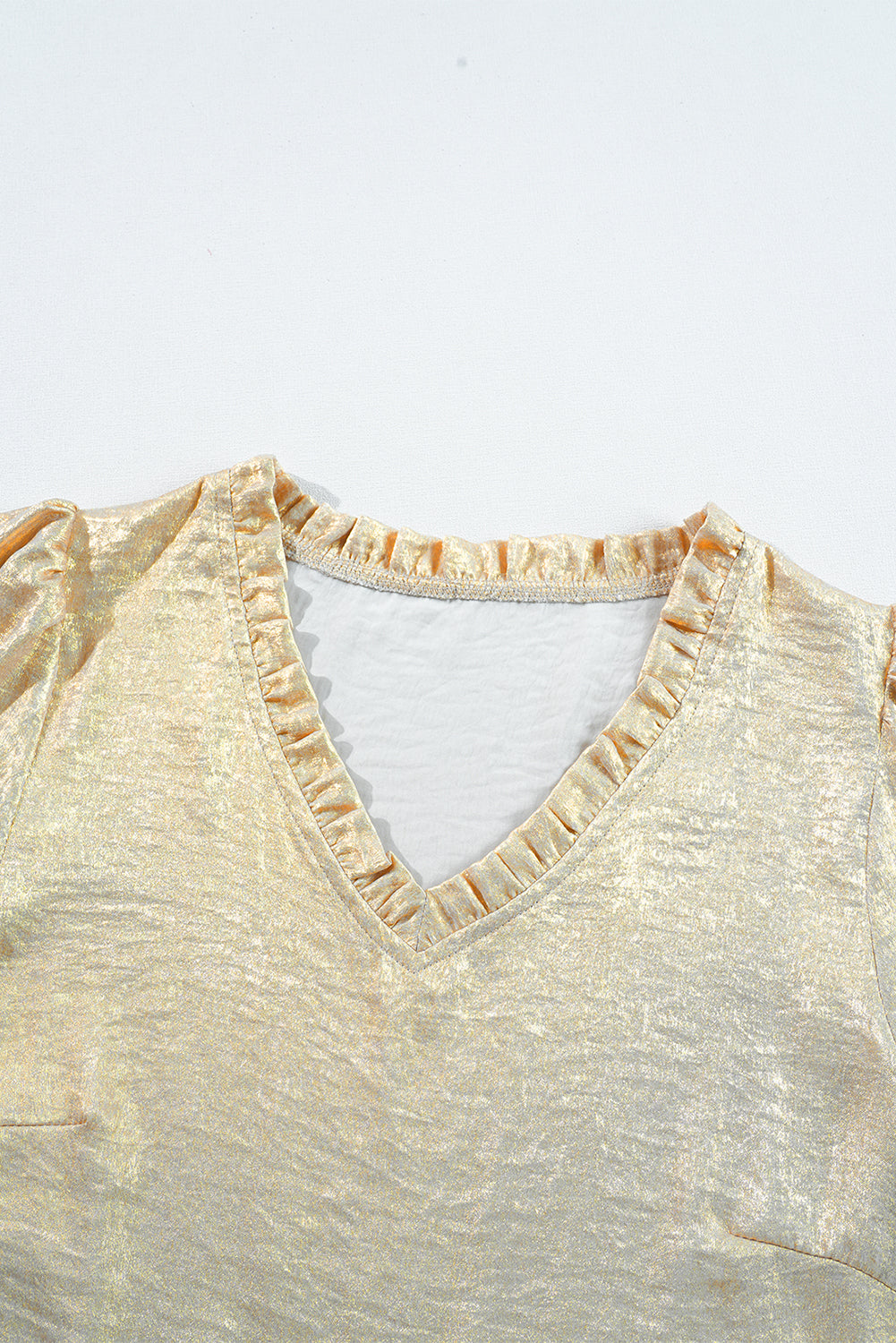 Gold Metallic Velvet Frill V Neck Puff Sleeve Babydoll Blouse