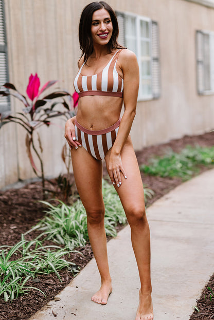 Brown Striped Colorblock Bikini Swimsuit