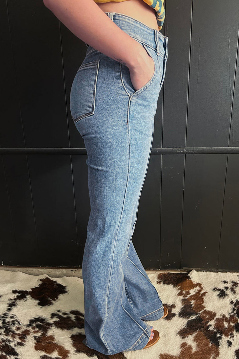 Dusk Blue Buttoned High Waist Piping Trim Flared Jeans