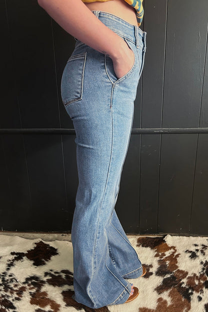 Dusk Blue Buttoned High Waist Piping Trim Flared Jeans