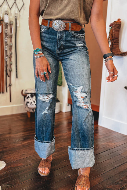 Dusk Blue Mineral Washed High Rise Ripped Jeans