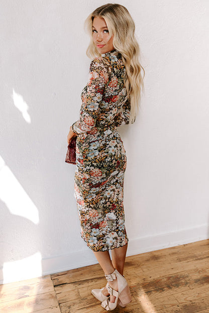 Brown Floral Allover Print Mock Neck Bodycon Midi Dress