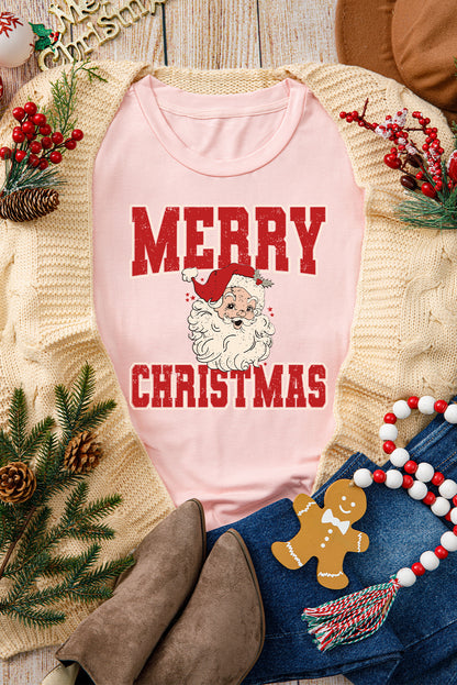 Pink MERRY CHRISTMAS Santa Claus Printed Round Neck T Shirt