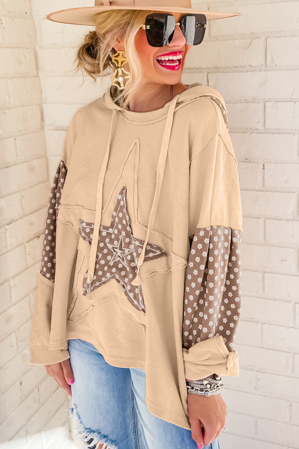 Delicacy Floral Patchwork Star Pattern Drawstring Hoodie