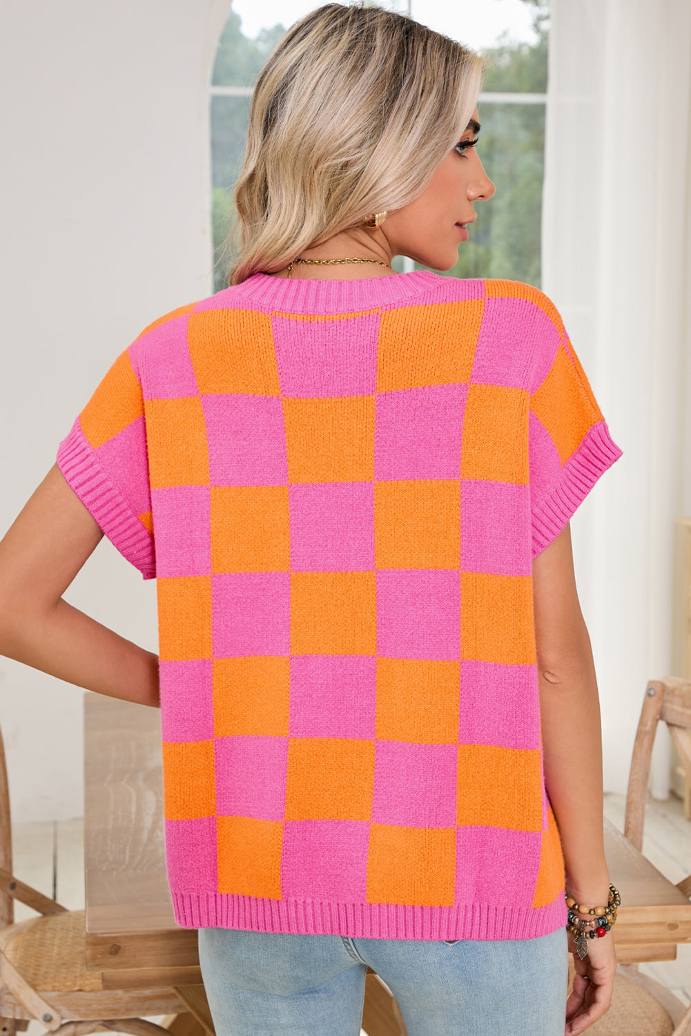 Light Beige Colorblock Checkered Knit Dolman Tee