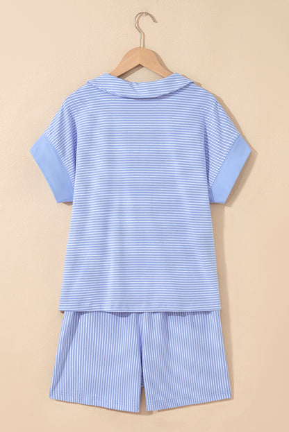 Purple Stripe Dolman Sleeve Polo Shirt and Drawstring Shorts Set