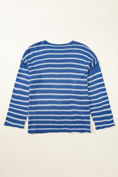 Sky Blue Striped Drop Shoulder Plus Size Sweater