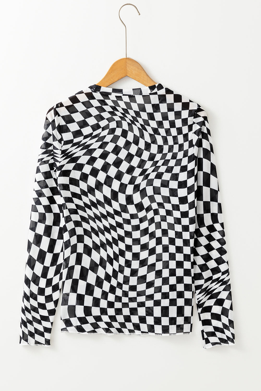 Khaki Checkered Pattern Mesh Long Sleeve Top