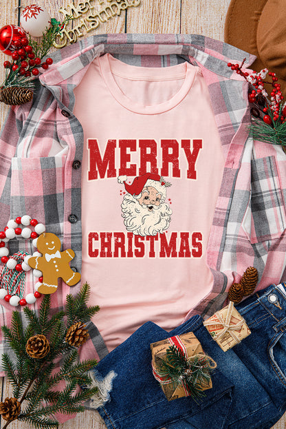 Pink MERRY CHRISTMAS Santa Claus Printed Round Neck T Shirt