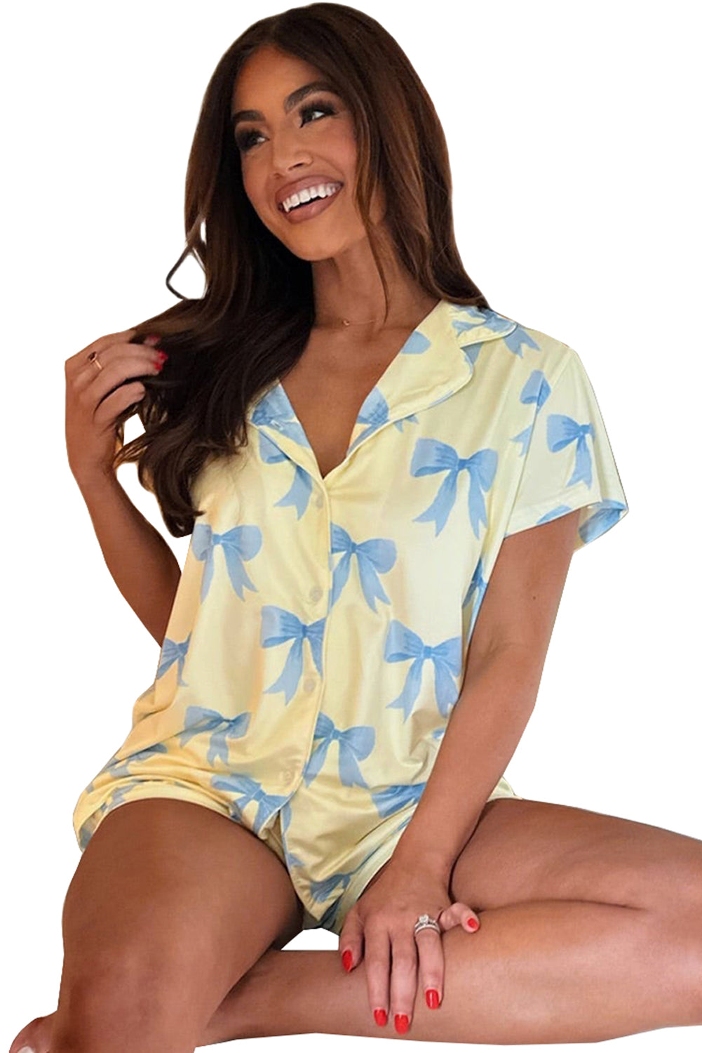 Yellow Bow Printed Short Sleeve Shirt Shorts Pajama Set