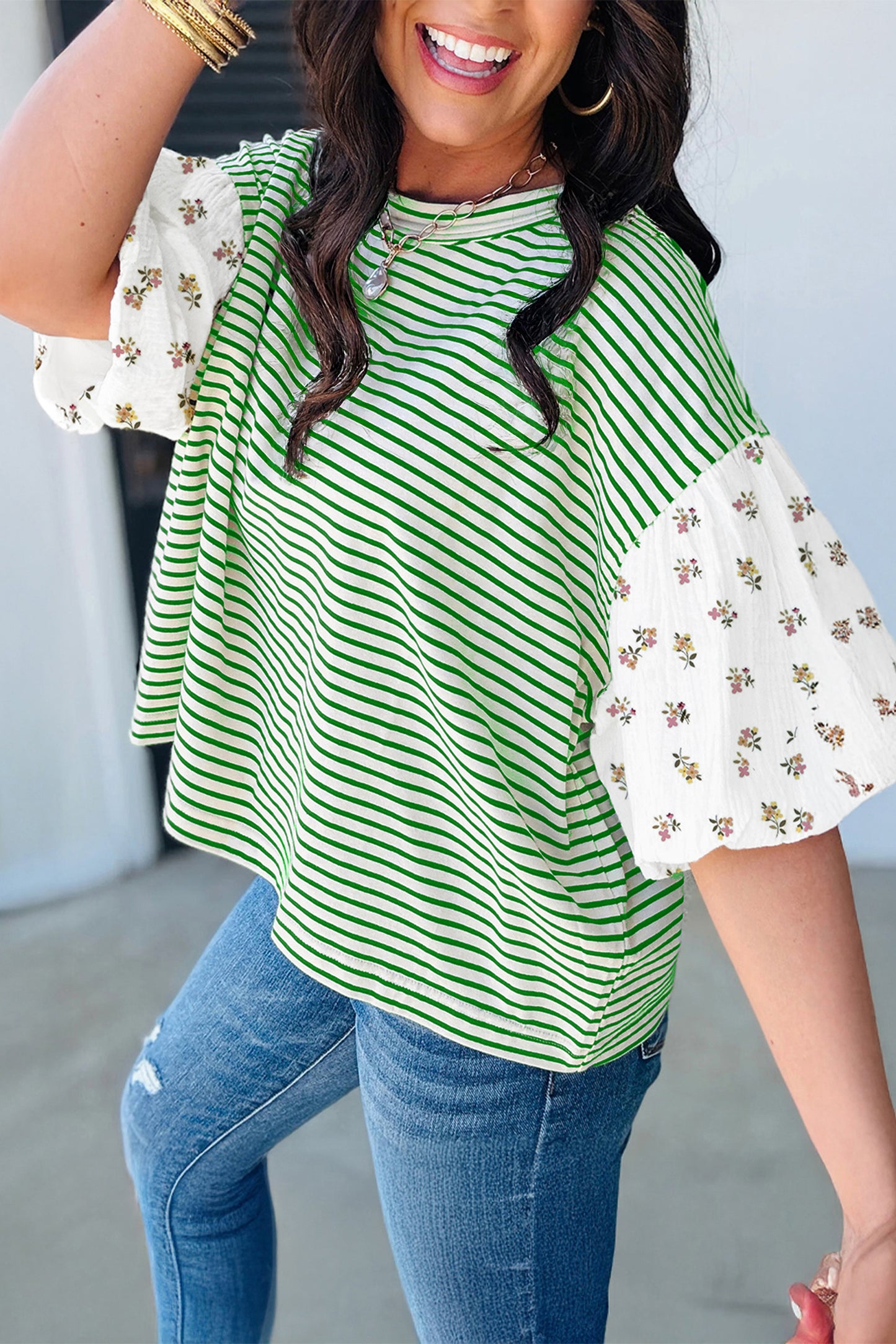 Green Stripe Floral Puff Sleeve Patchwork Round Neck Loose Top