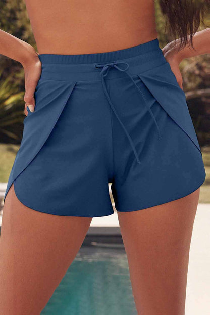 Blue Solid Color 2-in-1 Drawstring Elastic Waist Athletic Shorts