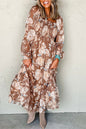 Brown Floral Print Shirred Square Neck High Waist Maxi Dress