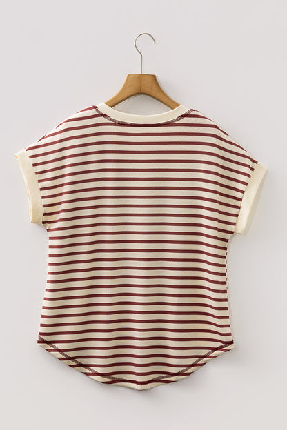 Khaki Stripe Half Buttons Round Neck T Shirt