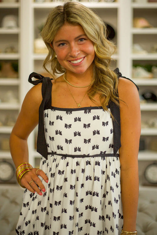 White Bow Contrast Trim Knotted Shoulder Mini Dress