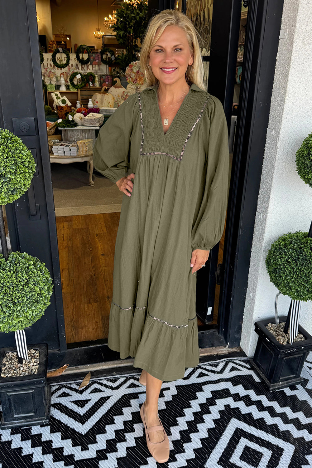 Black Collared V Neck Shirred Detail Contrast Leopard Trim Long Dress