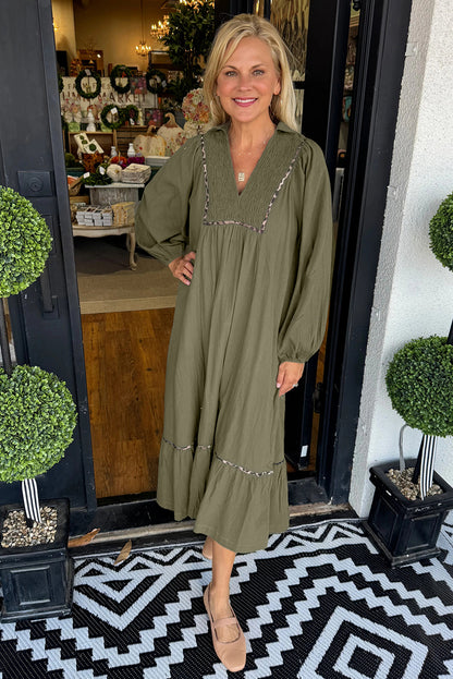 Black Collared V Neck Shirred Detail Contrast Leopard Trim Long Dress