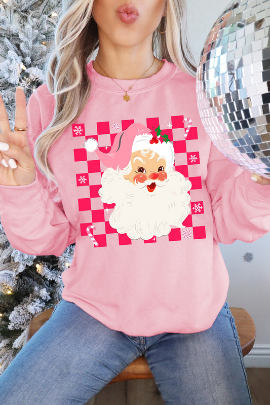 Pink Checkerd Santa Claus Graphic Round Neck Sweatshirt