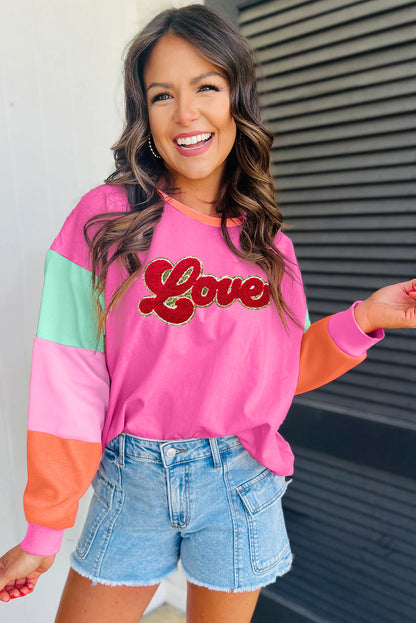 Rose Red Chenille Love Patched Colorblock Long Sleeve Crewneck Top