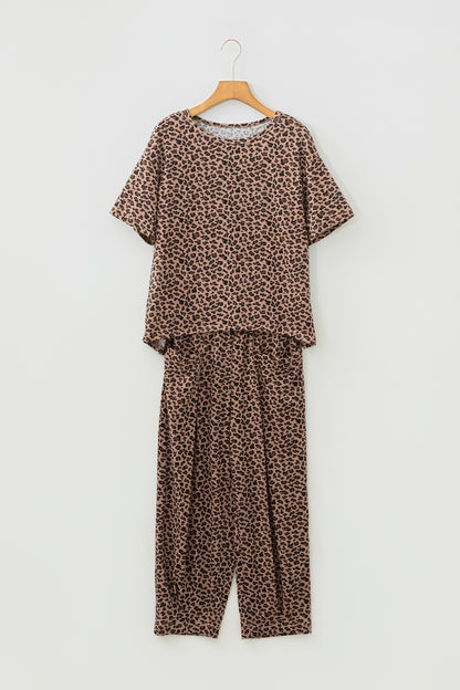 Brown Leopard Loose Tee Drawstring Waist Barrel Pants Set