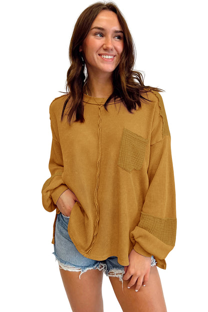 Brown Waffle Crinkle Patchwork Long Sleeve Top