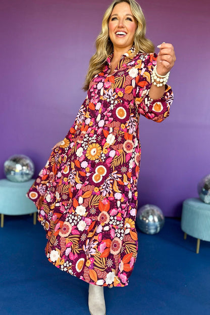 Purple Floral Print Collared Tiered Flowy Long Dress