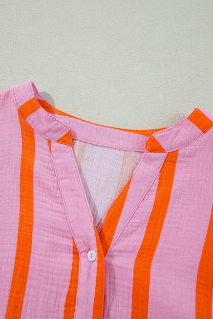 Orange Stripe Crinkle Ruffle Sleeve Loose Top