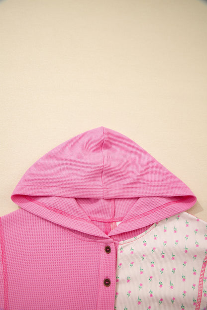 Pink Mixed Texture Waffle Floral Patchwork Hooded Oversized Pullover Top