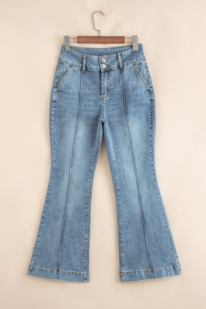Dusk Blue Buttoned High Waist Piping Trim Flared Jeans