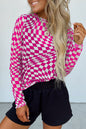 Khaki Checkered Pattern Mesh Long Sleeve Top