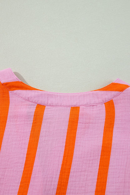 Orange Stripe Crinkle Ruffle Sleeve Loose Top