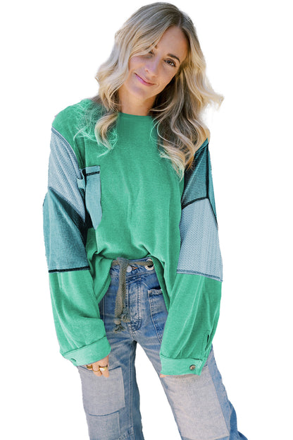 Green Colorblock Patchwork Waffle Buttoned Cuffs Top